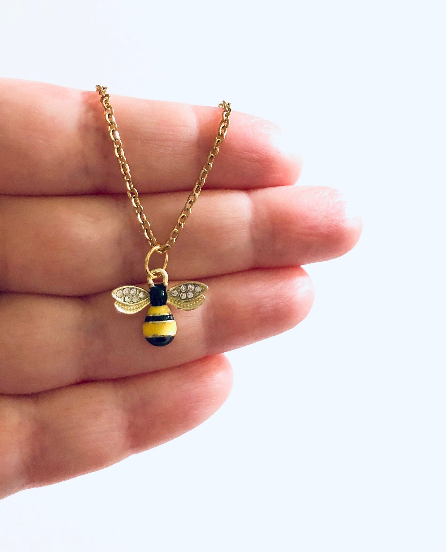 Cute Bee Necklace, Bumble Bee Necklace with Diamond Rhinestone Wings, Spring Summer Queen Bee