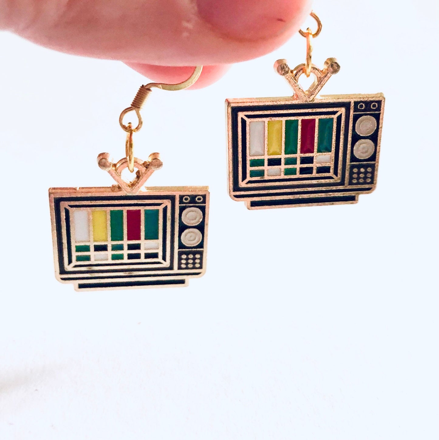 Nostalgic Retro TV Earrings, Vintage Style Gold Television Earring, Drop Dangle Gold Plated Ear Hooks