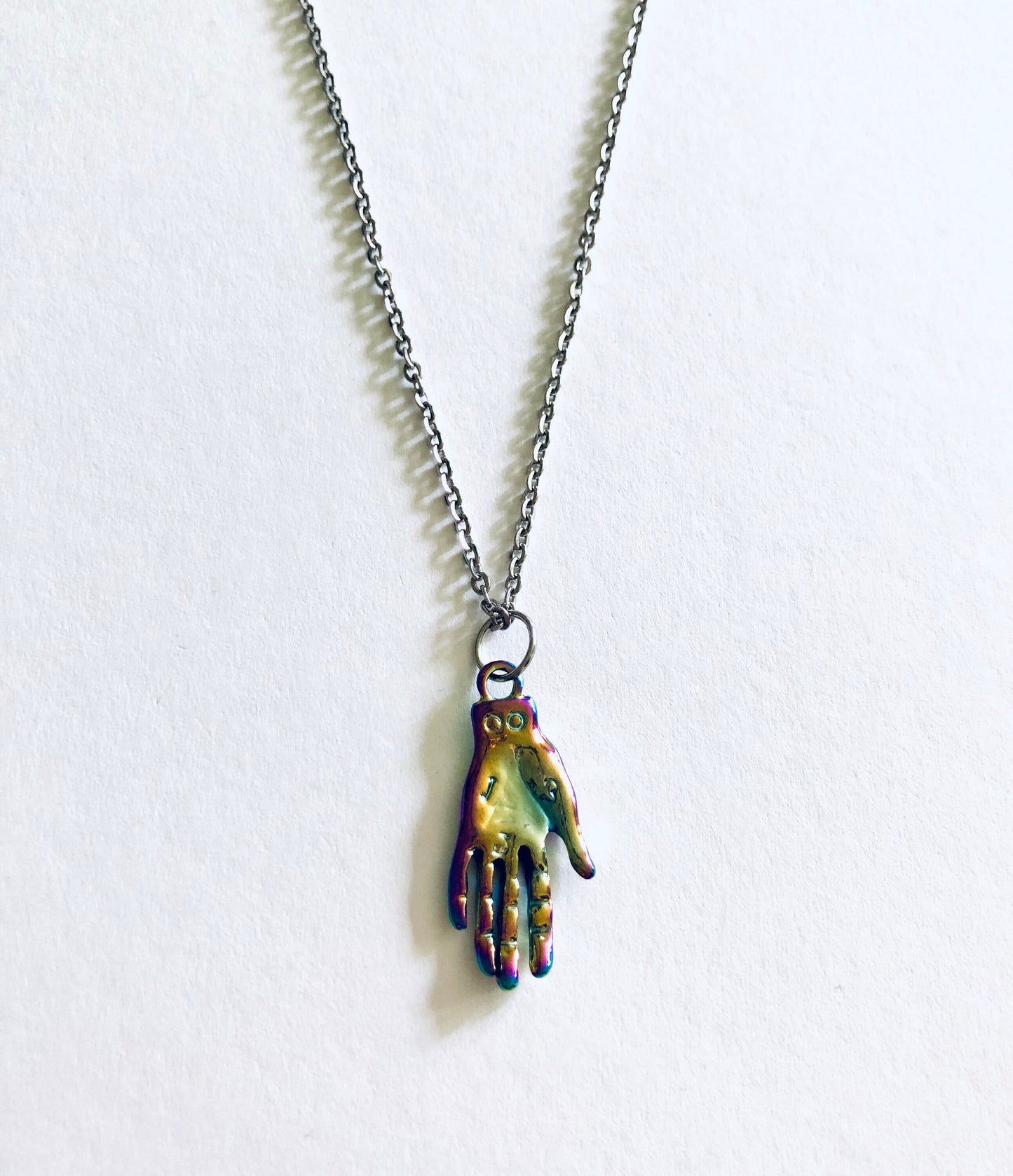 Rainbow Effect Palmistry Hand Necklace, on 18” Stainless Steel Chain, Metaphysical Divination Wicca Necklace