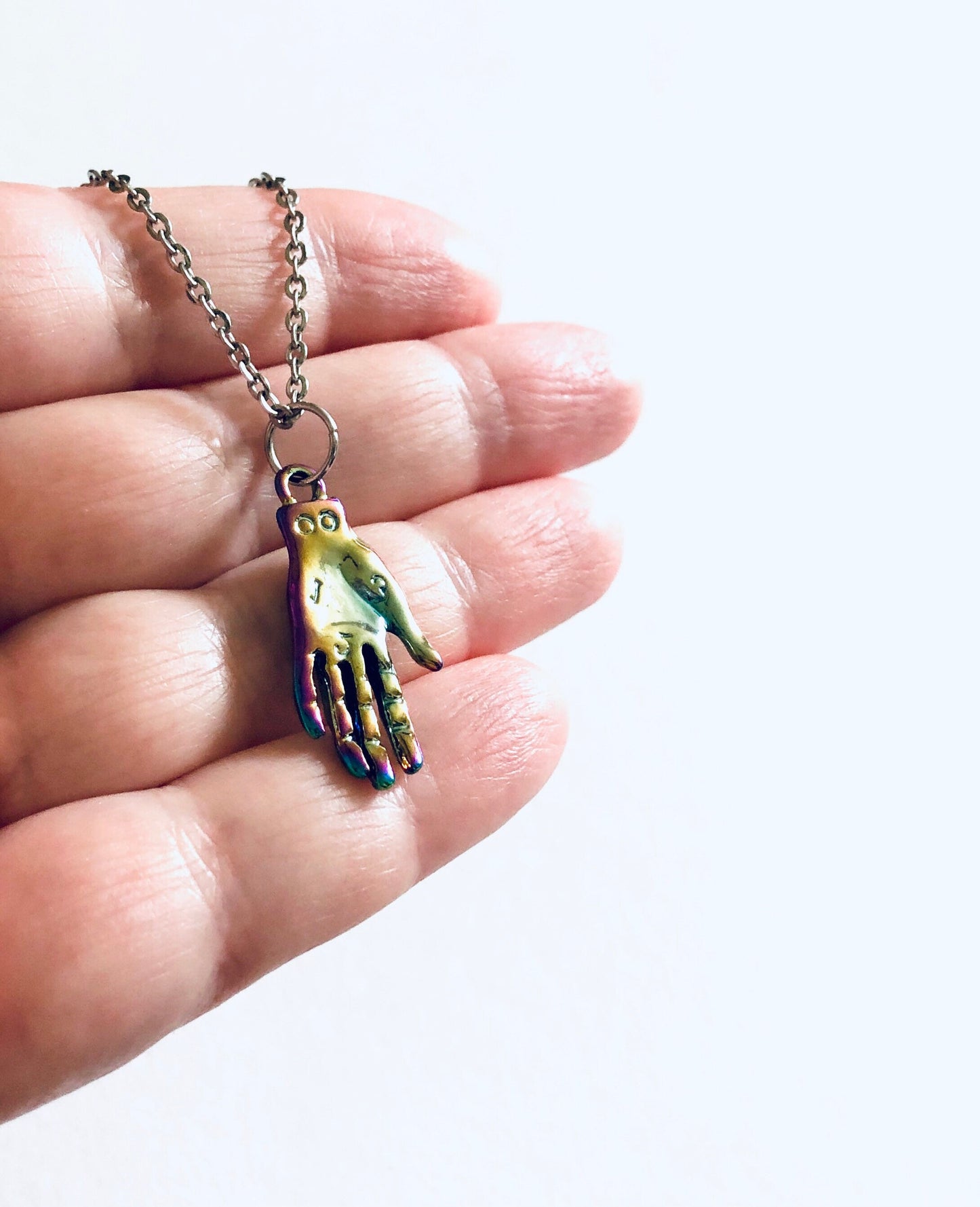 Rainbow Effect Palmistry Hand Necklace, on 18” Stainless Steel Chain, Metaphysical Divination Wicca Necklace