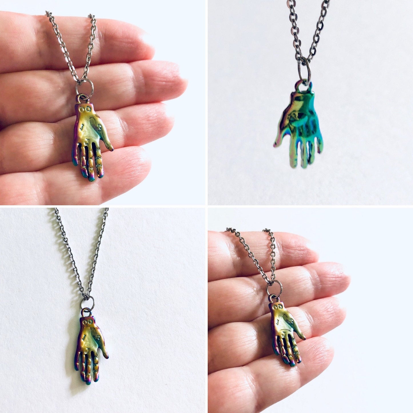 Rainbow Effect Palmistry Hand Necklace, on 18” Stainless Steel Chain, Metaphysical Divination Wicca Necklace