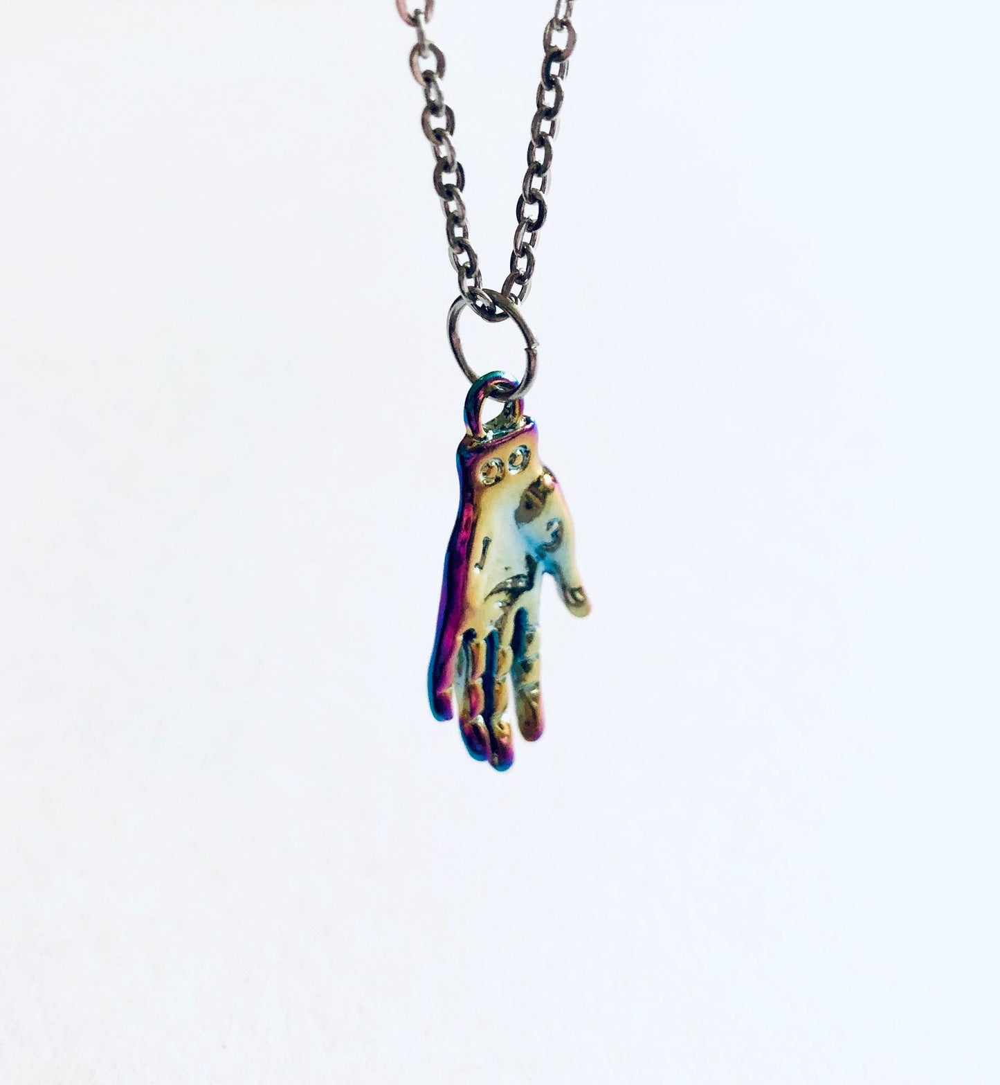 Rainbow Effect Palmistry Hand Necklace, on 18” Stainless Steel Chain, Metaphysical Divination Wicca Necklace