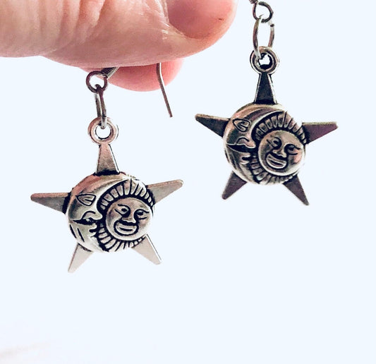 Silver Celestial Earring, Star Earrings, Sun & Moon Earrings, Drop Dangle Earrings, Witchy Woman, Wicca Earrings