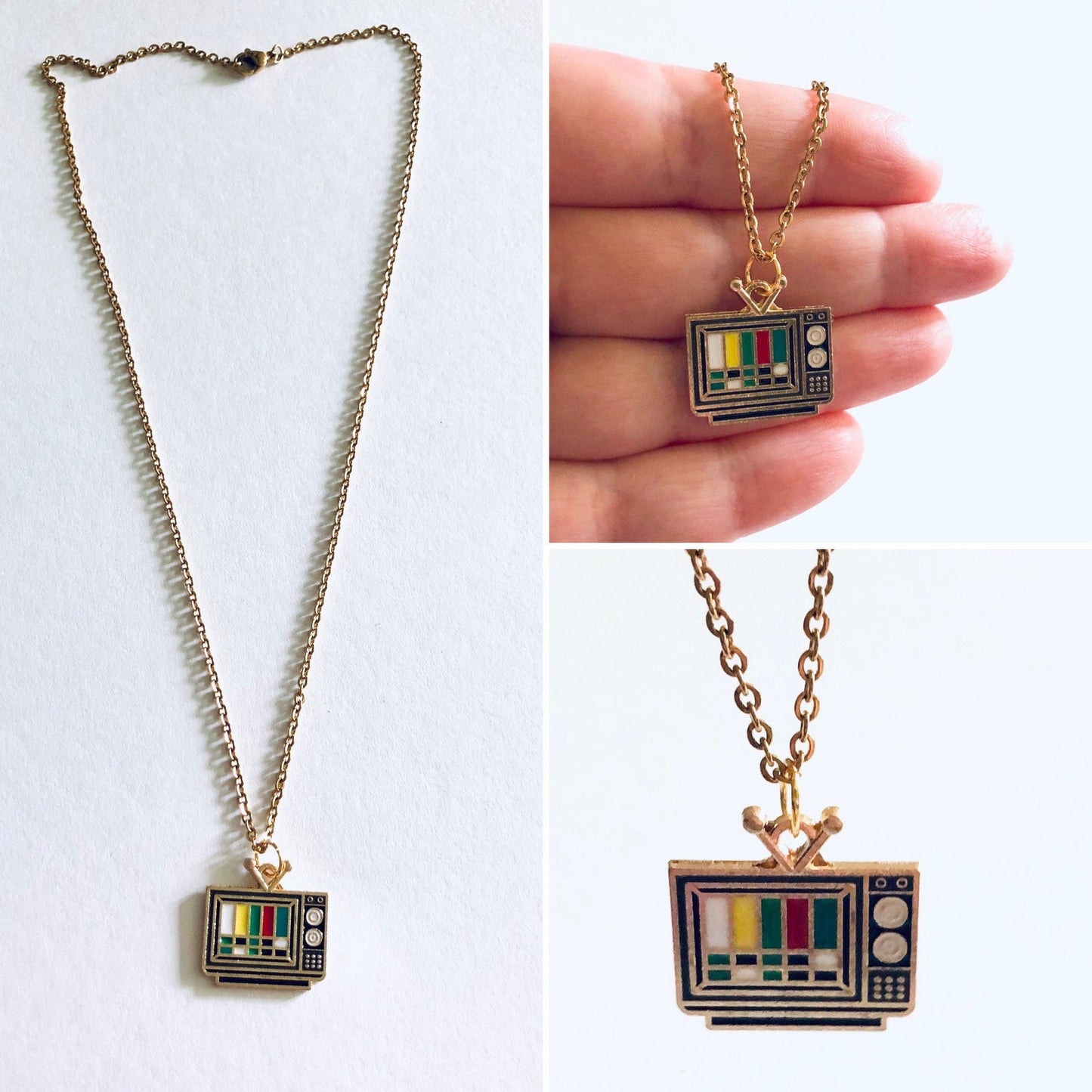 Retro TV Necklace, Old Fashioned Vintage Style Television Necklace, Gold Plated Chain