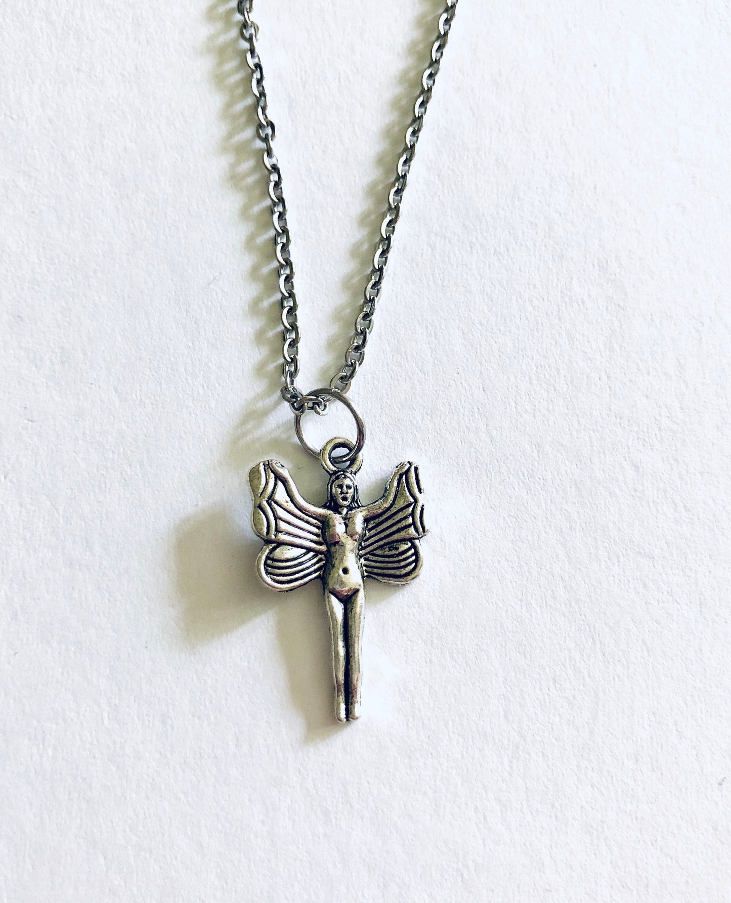 Silver Fairy Necklace 18” Stainless Steel Chain, Winged Goddess Angel