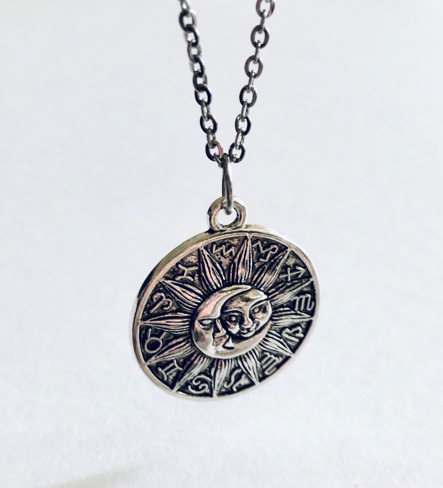 Zodiac Astrological Signs Necklace, Celestial Sun & Moon Wheel Design, Wicca Witchy Woman