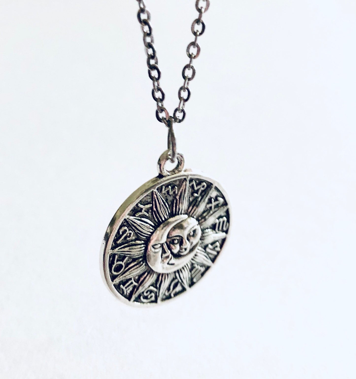 Zodiac Astrological Signs Necklace, Celestial Sun & Moon Wheel Design, Wicca Witchy Woman