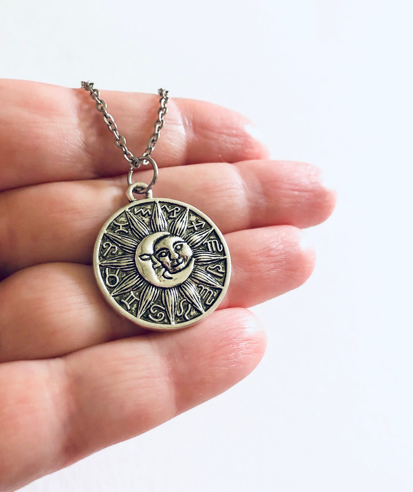 Zodiac Astrological Signs Necklace, Celestial Sun & Moon Wheel Design, Wicca Witchy Woman