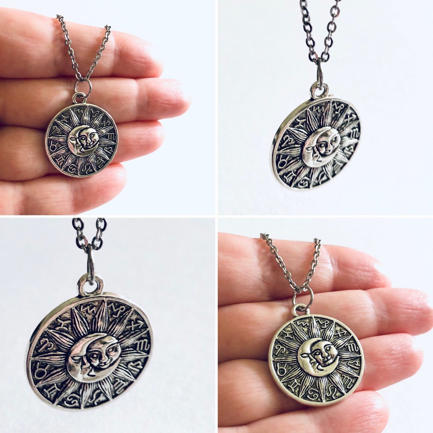 Zodiac Astrological Signs Necklace, Celestial Sun & Moon Wheel Design, Wicca Witchy Woman