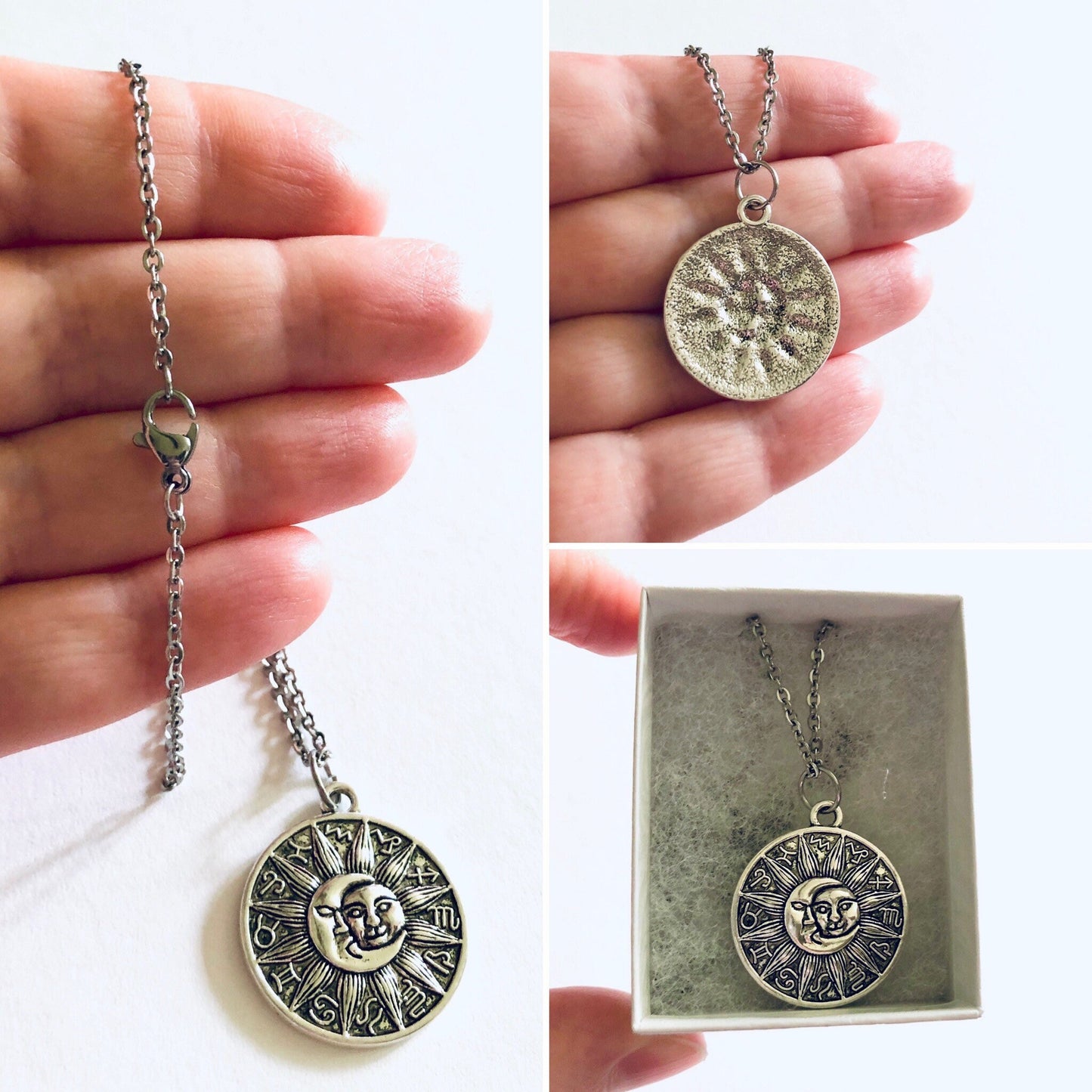 Zodiac Astrological Signs Necklace, Celestial Sun & Moon Wheel Design, Wicca Witchy Woman