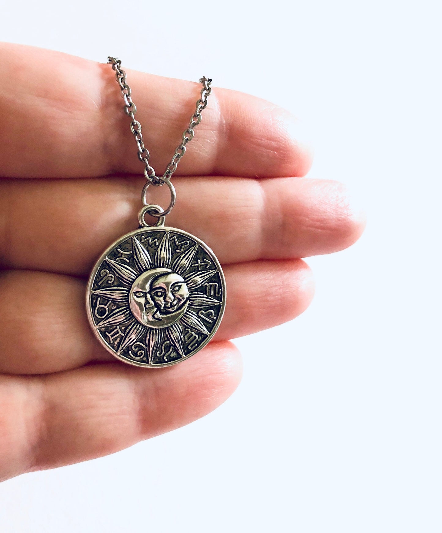 Zodiac Astrological Signs Necklace, Celestial Sun & Moon Wheel Design, Wicca Witchy Woman