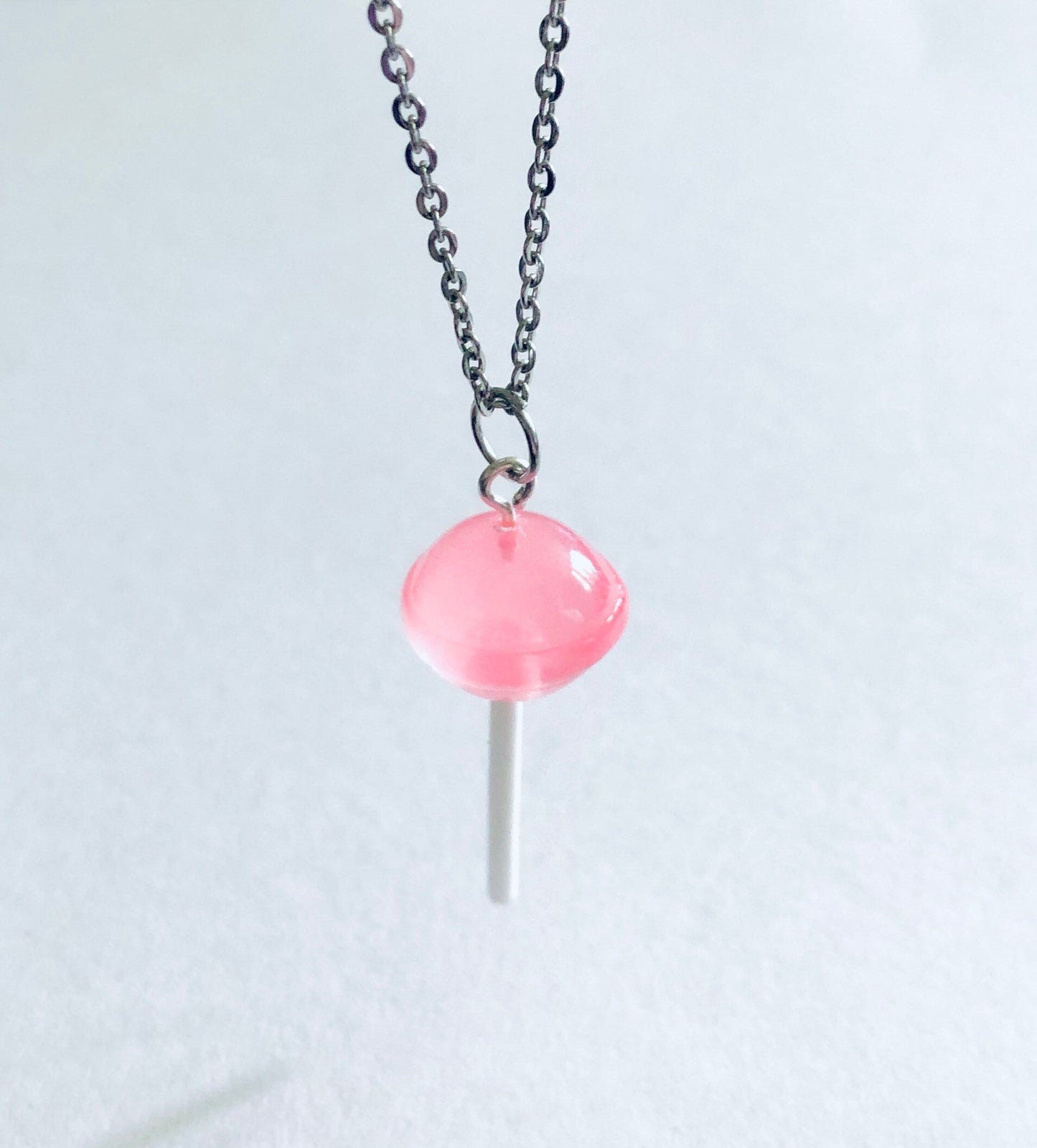 Pink Lollipop Necklace on 18” Stainless Steel Chain, Kawaii Resin Lollypop Lolita