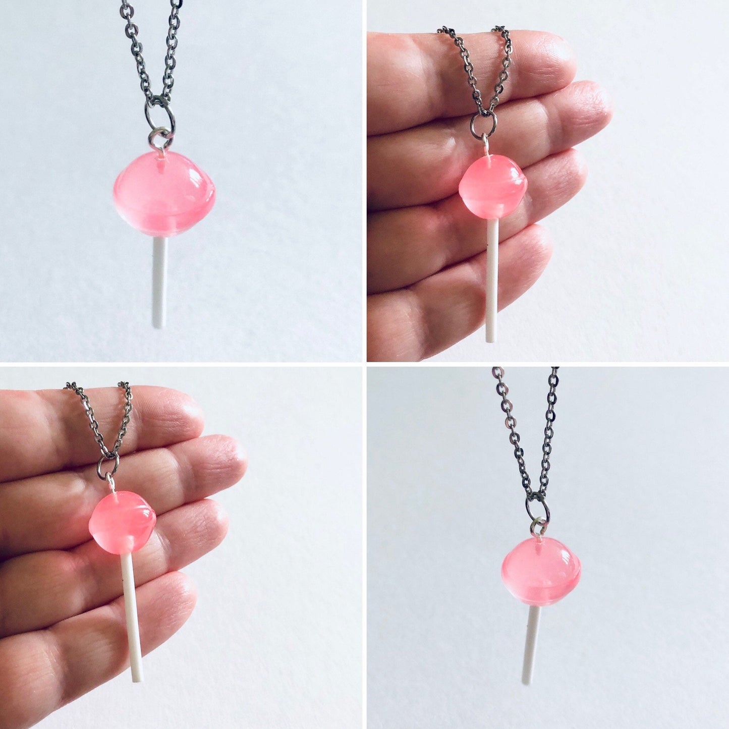 Pink Lollipop Necklace on 18” Stainless Steel Chain, Kawaii Resin Lollypop Lolita