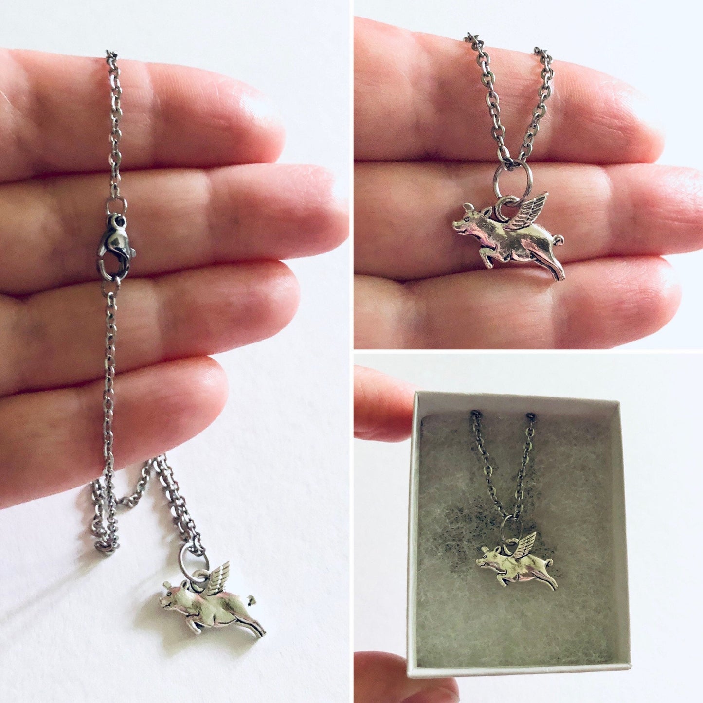 When Pigs Fly Necklace, Silver Pig Necklace, Piggy Charm on 18” Stainless Steel Chain, When Pigs Fly Necklace Funny