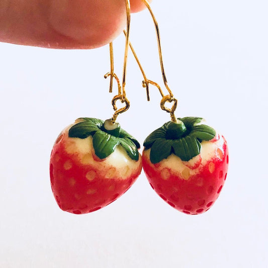 Strawberry Earrings, 3D Gold Drip Dangle Strawberry Earrings, Strawberries Spring Summer Cottage Core Fruit Earrings