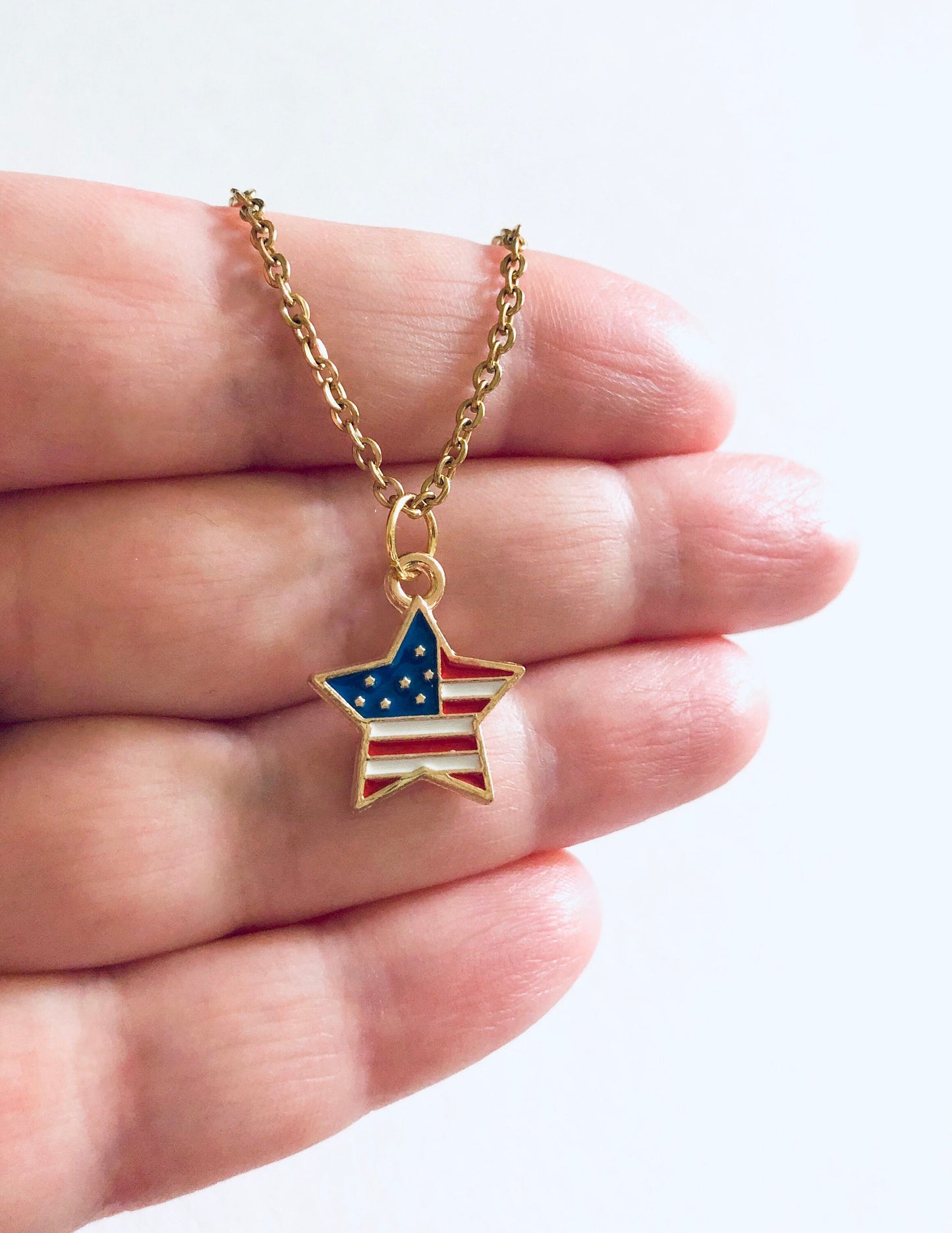 Star American Flag Necklace, 4th of July Necklace Gold Plated Chain, Red White & Blue Flag USA Necklace, Star Necklace Fireworks