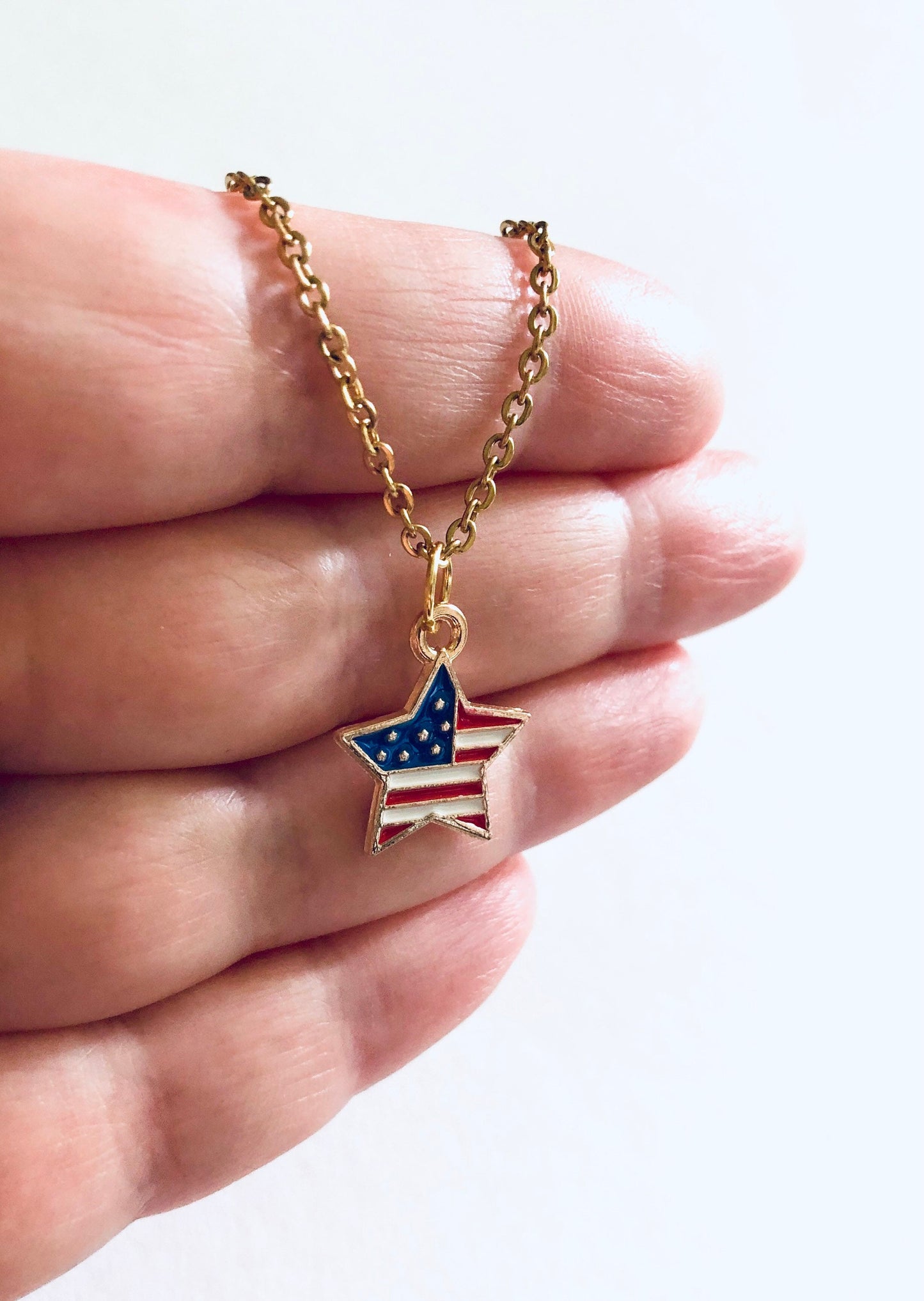 Star American Flag Necklace, 4th of July Necklace Gold Plated Chain, Red White & Blue Flag USA Necklace, Star Necklace Fireworks