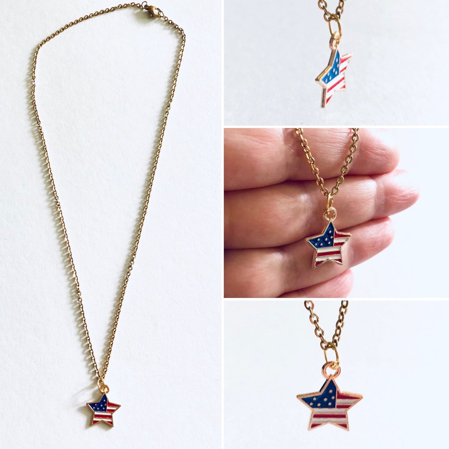 Star American Flag Necklace, 4th of July Necklace Gold Plated Chain, Red White & Blue Flag USA Necklace, Star Necklace Fireworks