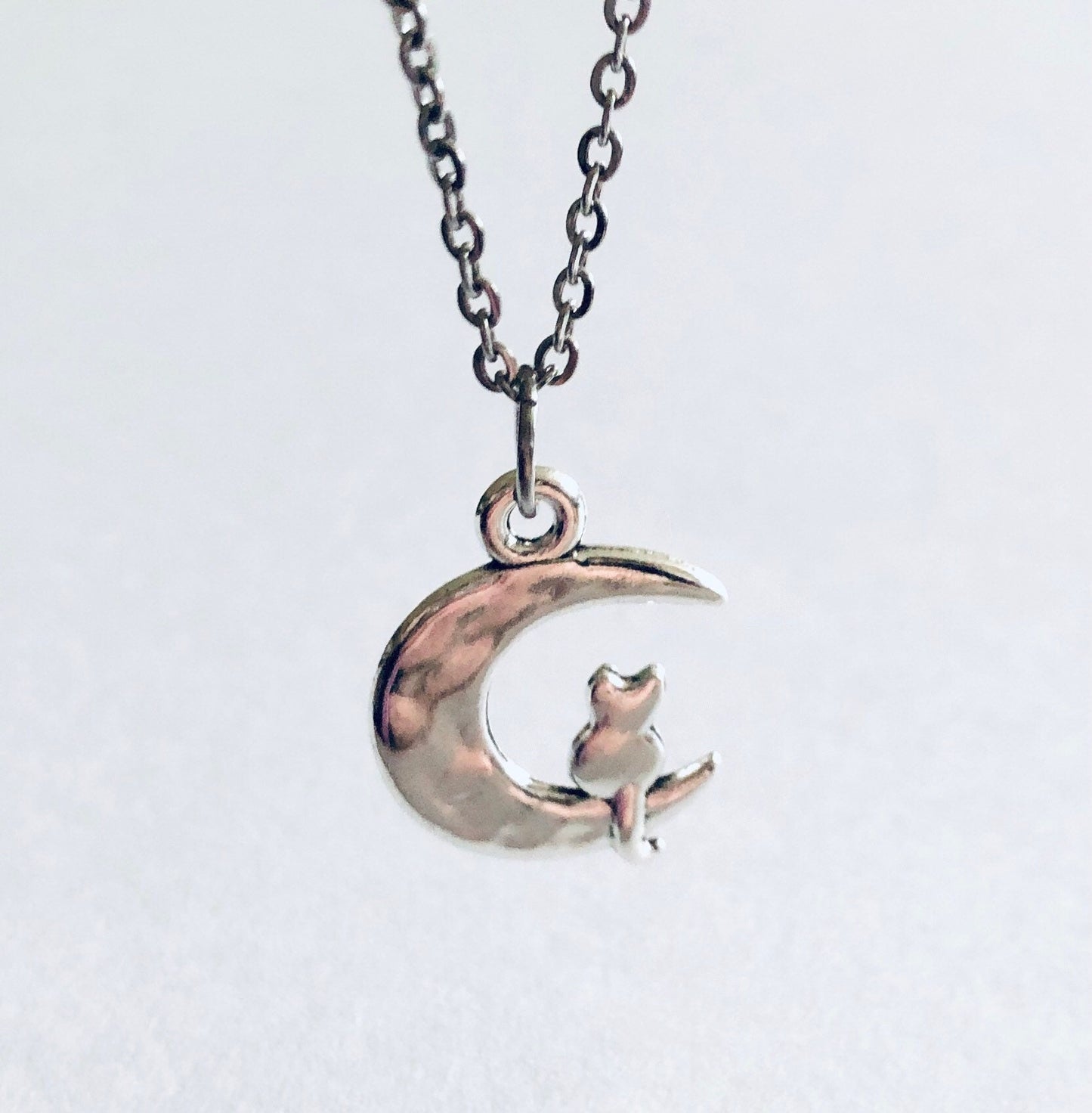 Silver Cat on Moon Necklace, Crescent Moon Cat Necklace on 18” Stainless Steel Chain, Kitty Cats Fur Baby