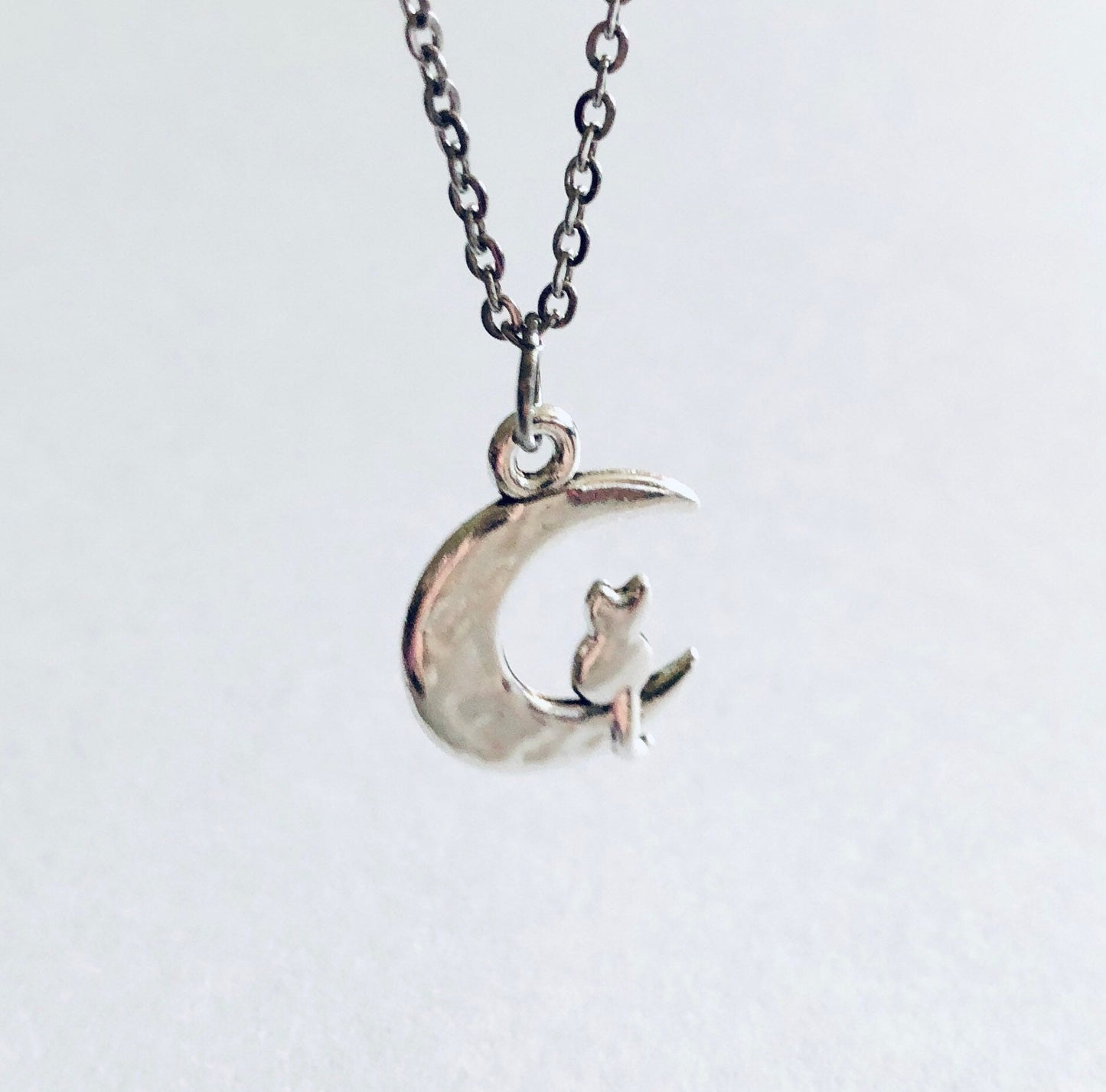 Silver Cat on Moon Necklace, Crescent Moon Cat Necklace on 18” Stainless Steel Chain, Kitty Cats Fur Baby