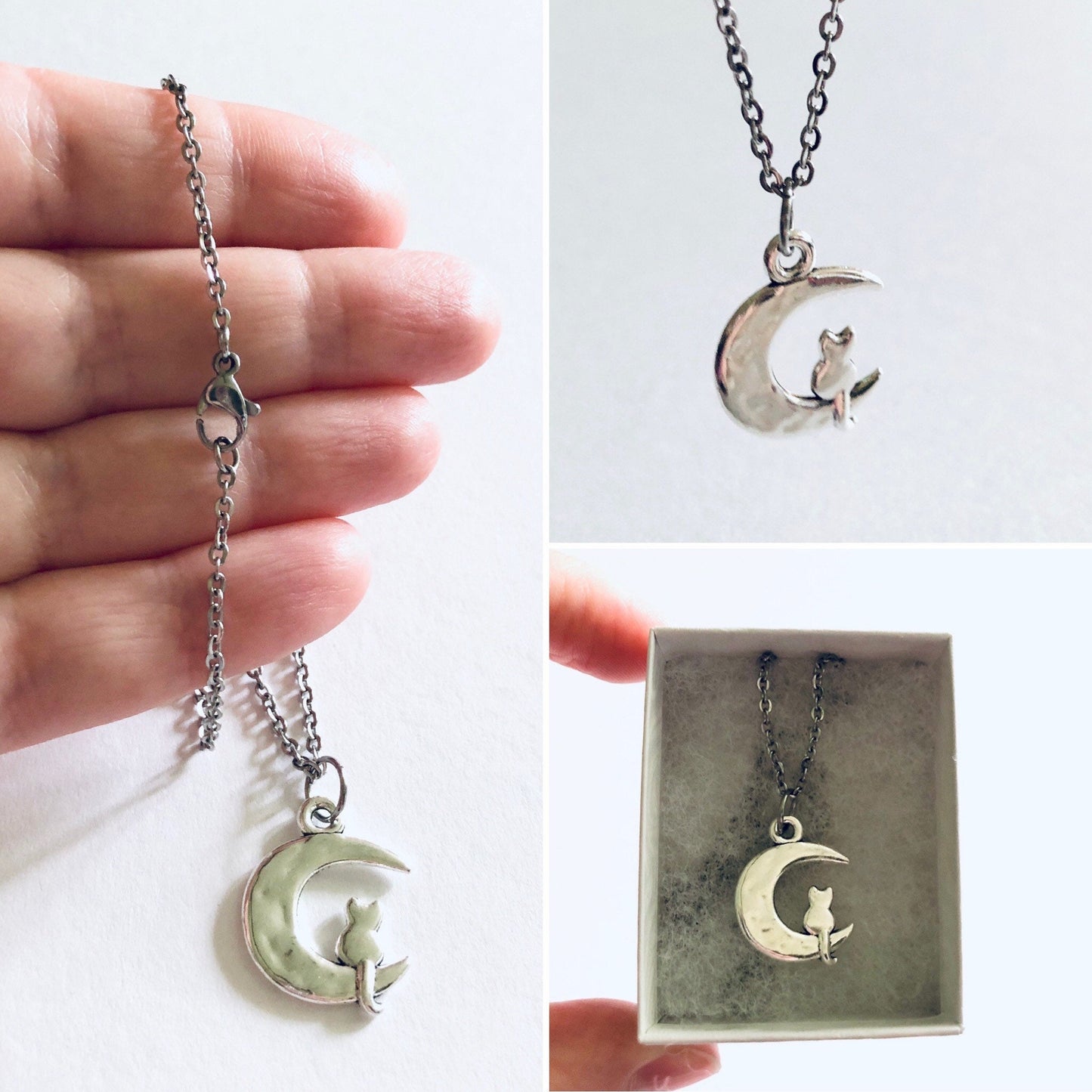 Silver Cat on Moon Necklace, Crescent Moon Cat Necklace on 18” Stainless Steel Chain, Kitty Cats Fur Baby