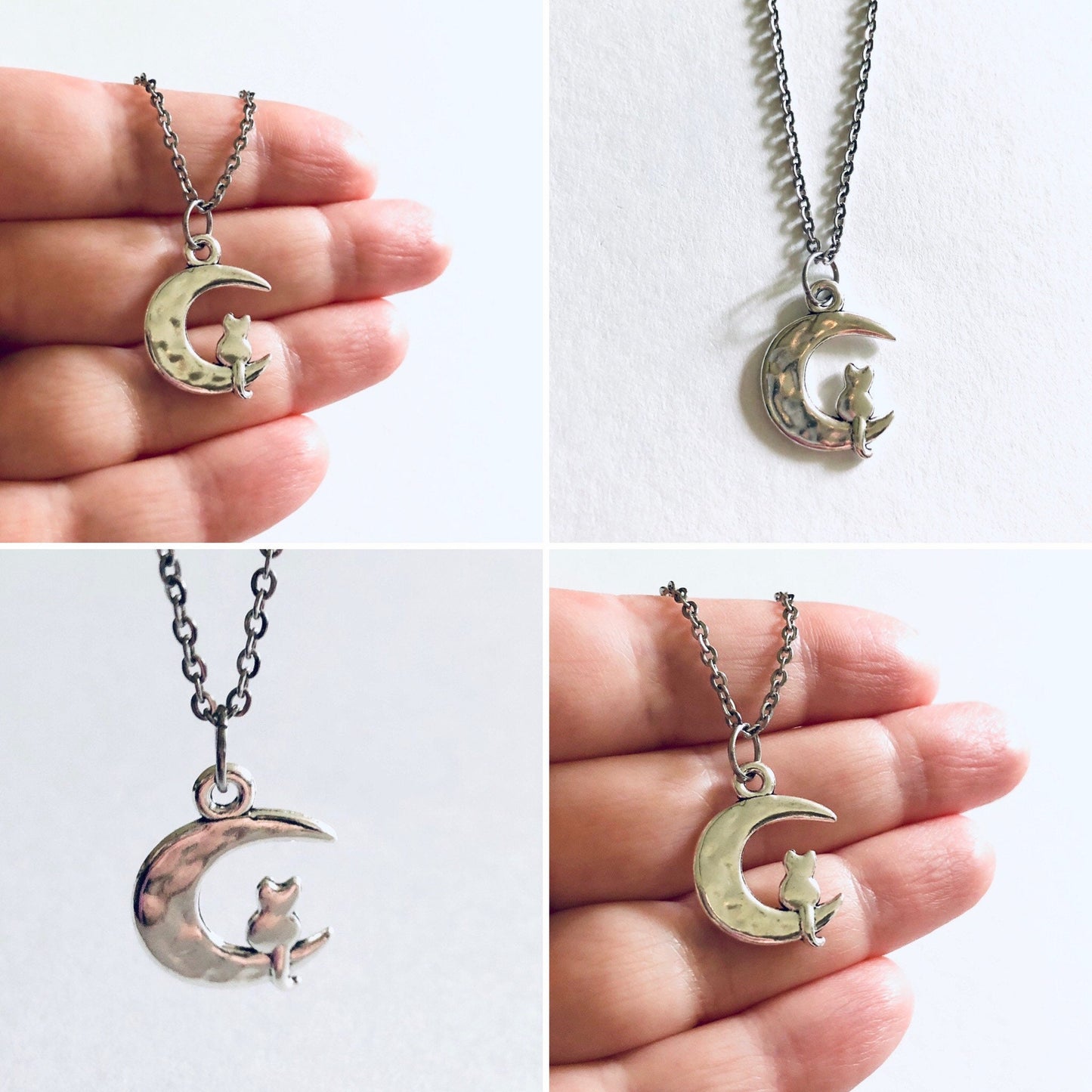 Silver Cat on Moon Necklace, Crescent Moon Cat Necklace on 18” Stainless Steel Chain, Kitty Cats Fur Baby