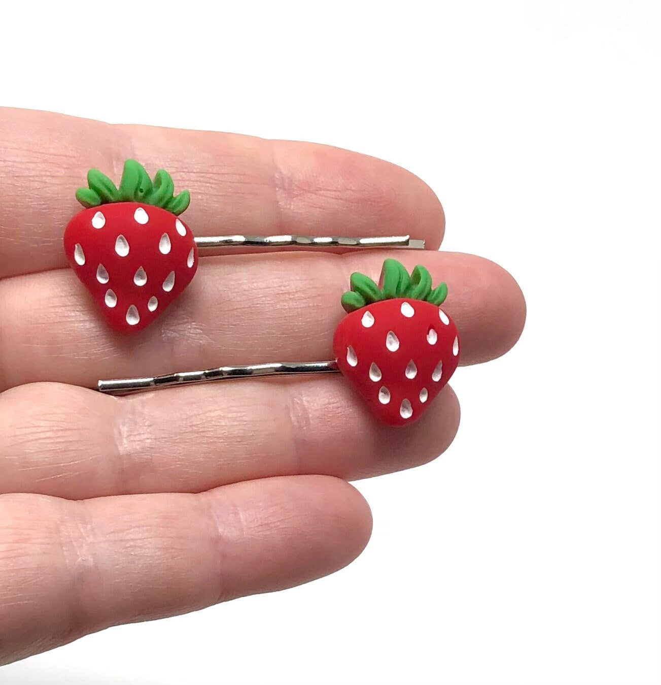 Strawberry Bobby Pins, Set of 2 Strawberry Hair Clips, Strawberries Hair Clips, Kawaii Hair Clips, Fruit Hair Clips, Vegan Vegetarian