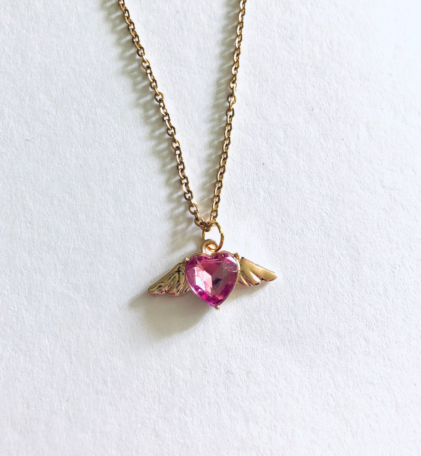 Pink Heart Angel Wings Necklace, Gold Sparkle Pink Rhinestone Bead Necklace, Cherub Necklace, Angel Necklace, Fairy Core