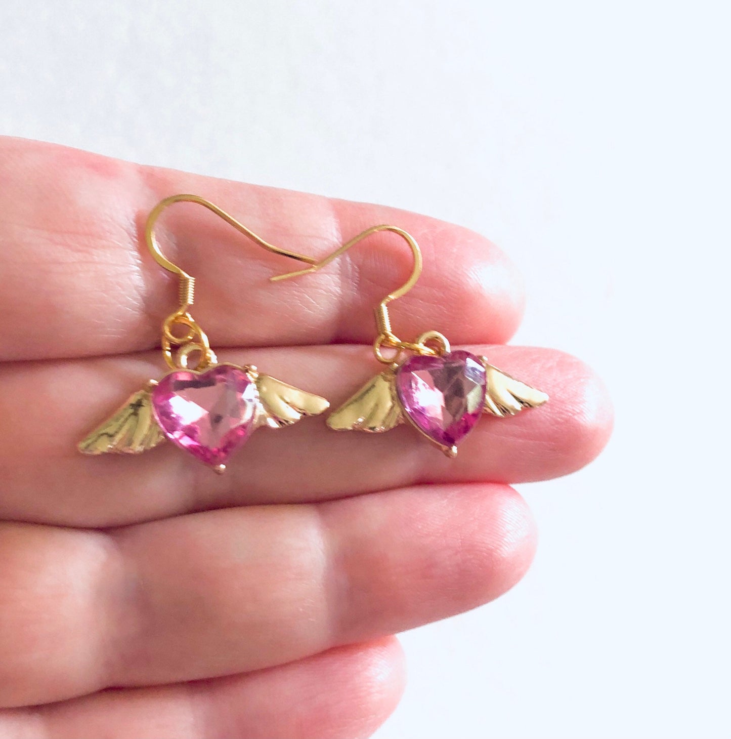 Pink Heart Angel Wings Earrings, Gold Plated Ear Hooks, Drop Dangle Angel Earrings,