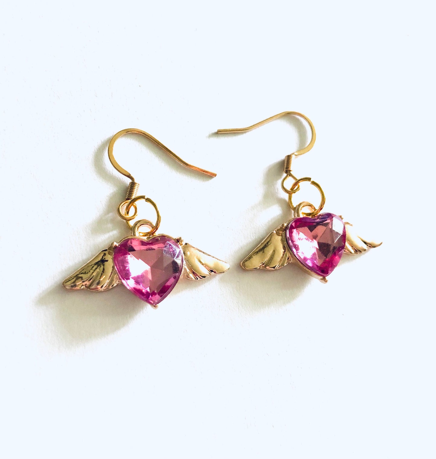 Pink Heart Angel Wings Earrings, Gold Plated Ear Hooks, Drop Dangle Angel Earrings,