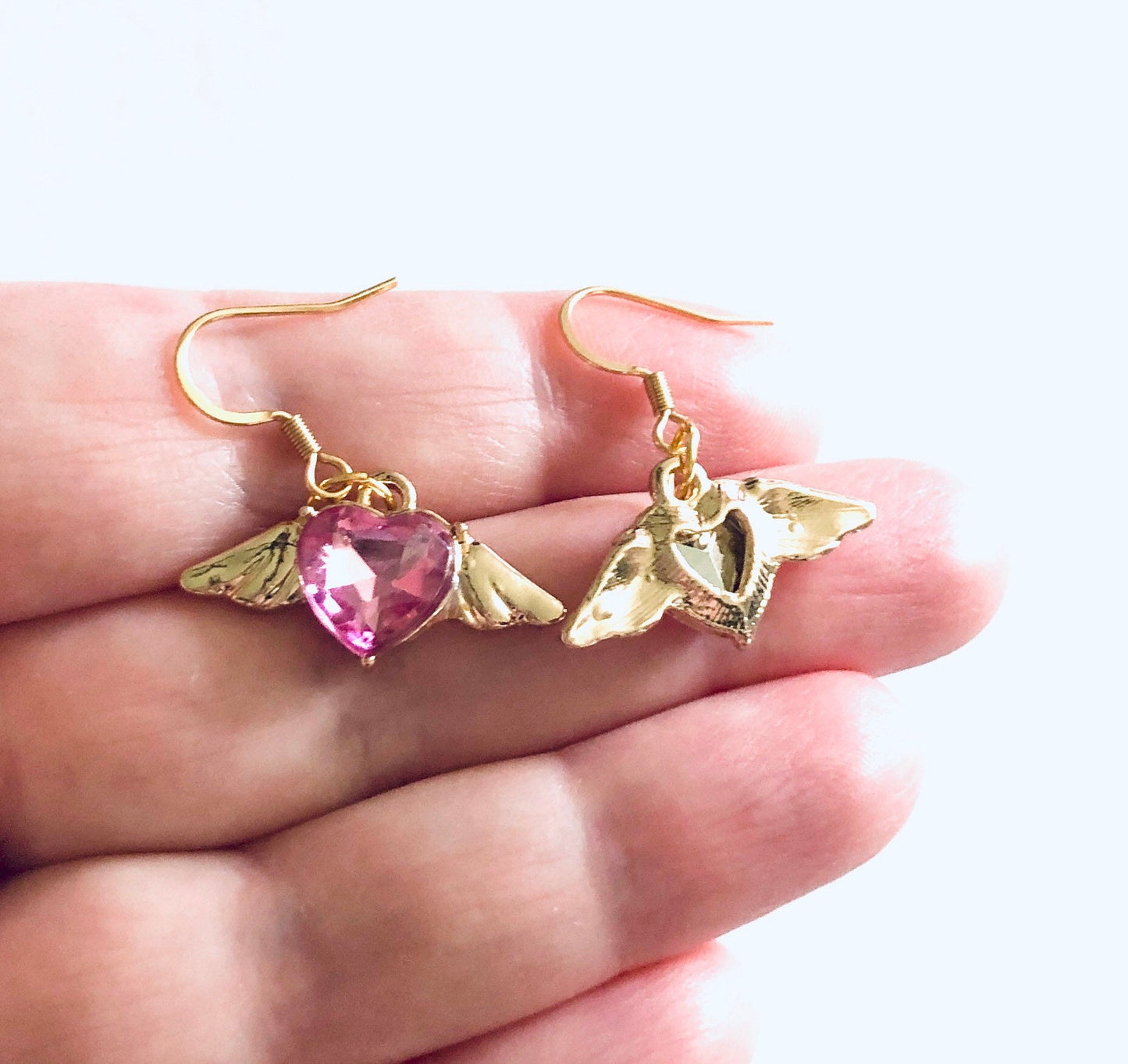 Pink Heart Angel Wings Earrings, Gold Plated Ear Hooks, Drop Dangle Angel Earrings,