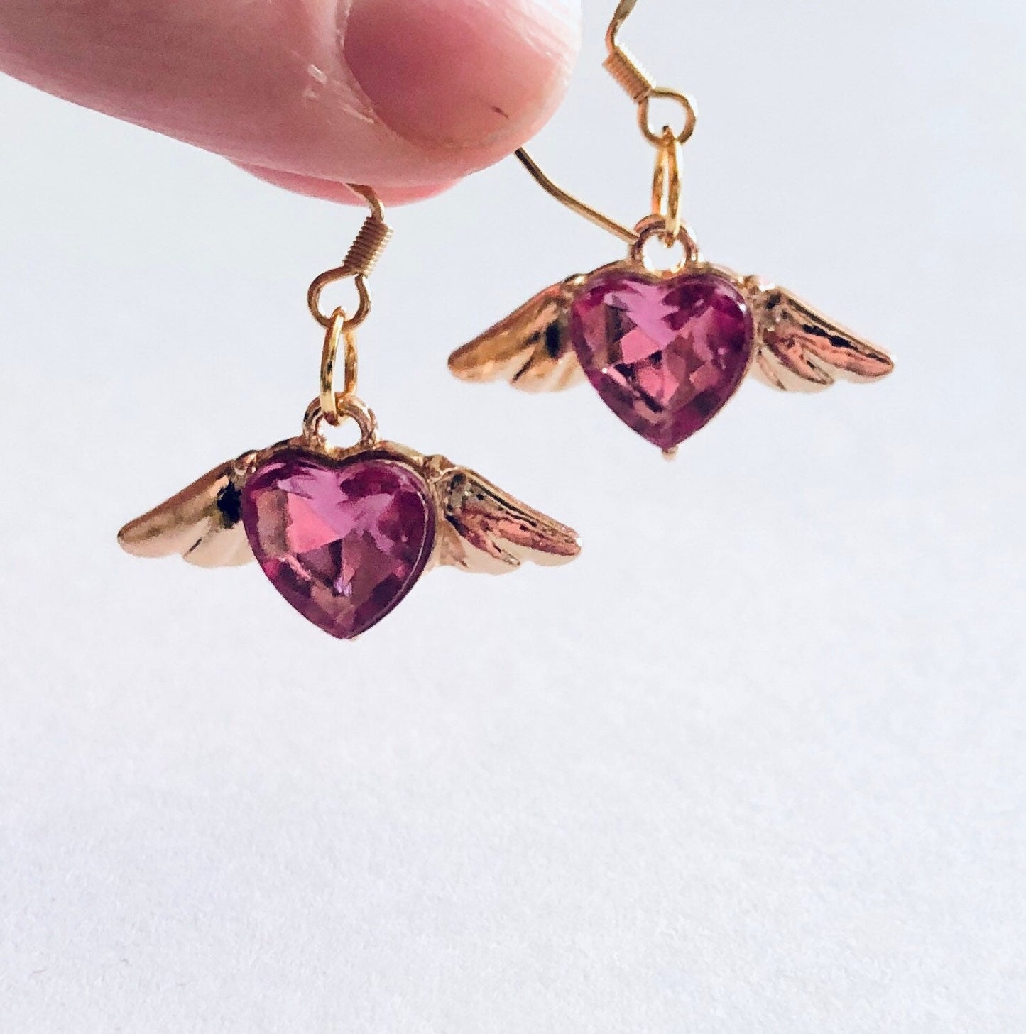 Pink Heart Angel Wings Earrings, Gold Plated Ear Hooks, Drop Dangle Angel Earrings,