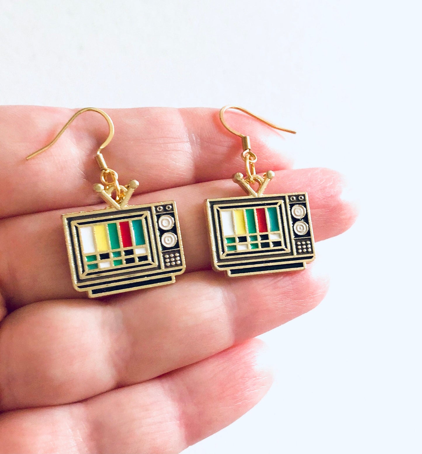 Nostalgic Retro TV Earrings, Vintage Style Gold Television Earring, Drop Dangle Gold Plated Ear Hooks