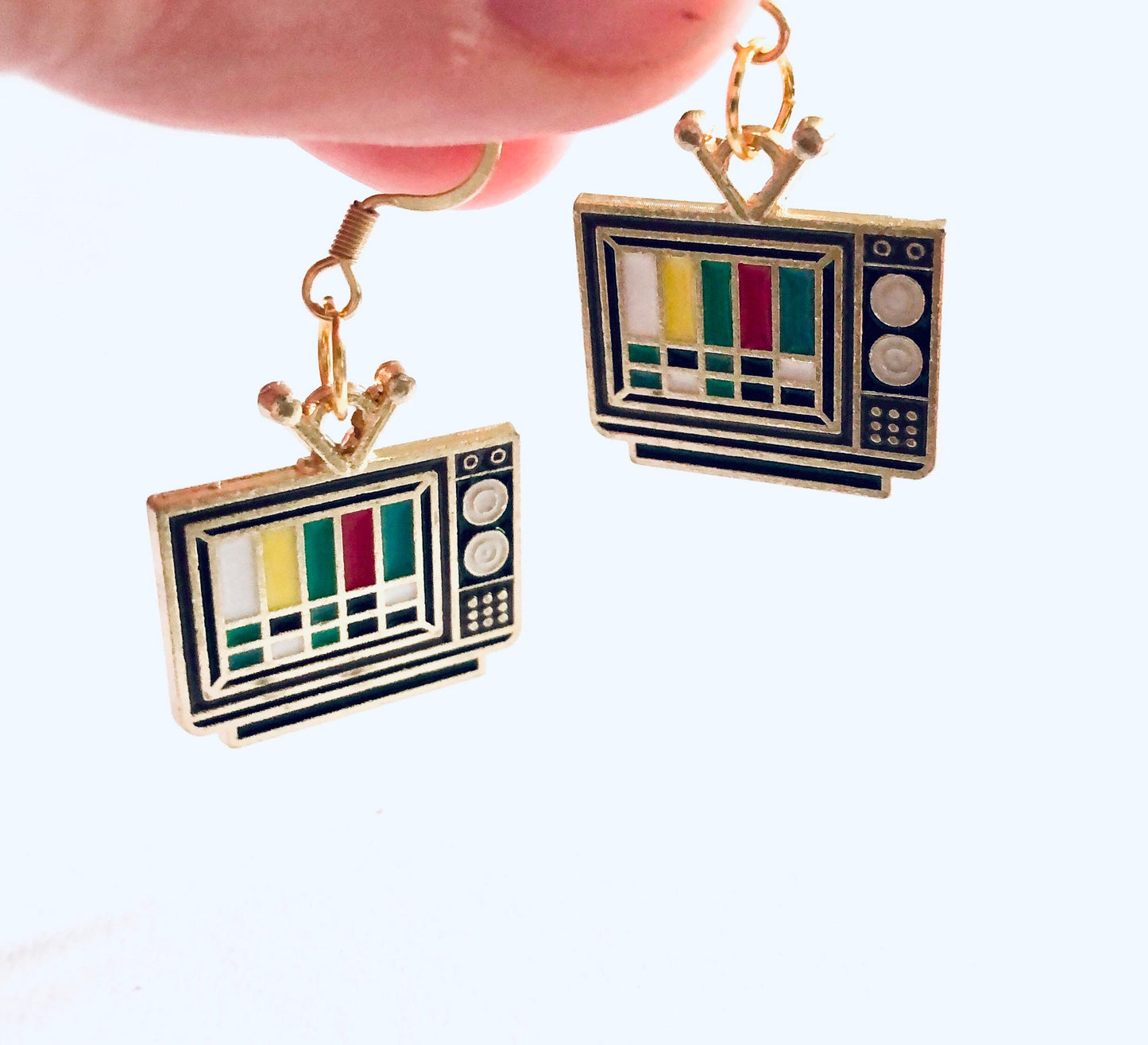 Nostalgic Retro TV Earrings, Vintage Style Gold Television Earring, Drop Dangle Gold Plated Ear Hooks