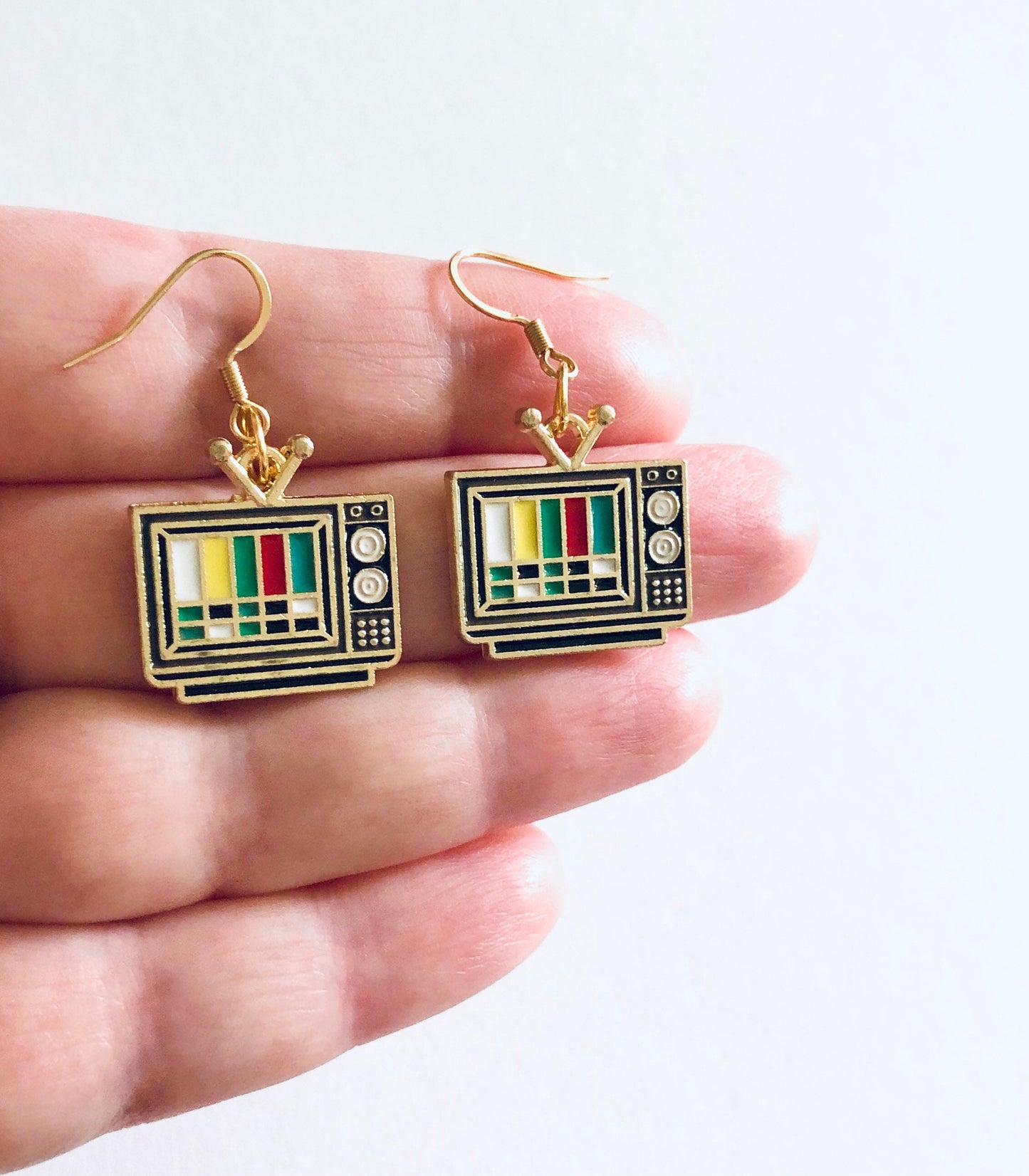 Nostalgic Retro TV Earrings, Vintage Style Gold Television Earring, Drop Dangle Gold Plated Ear Hooks