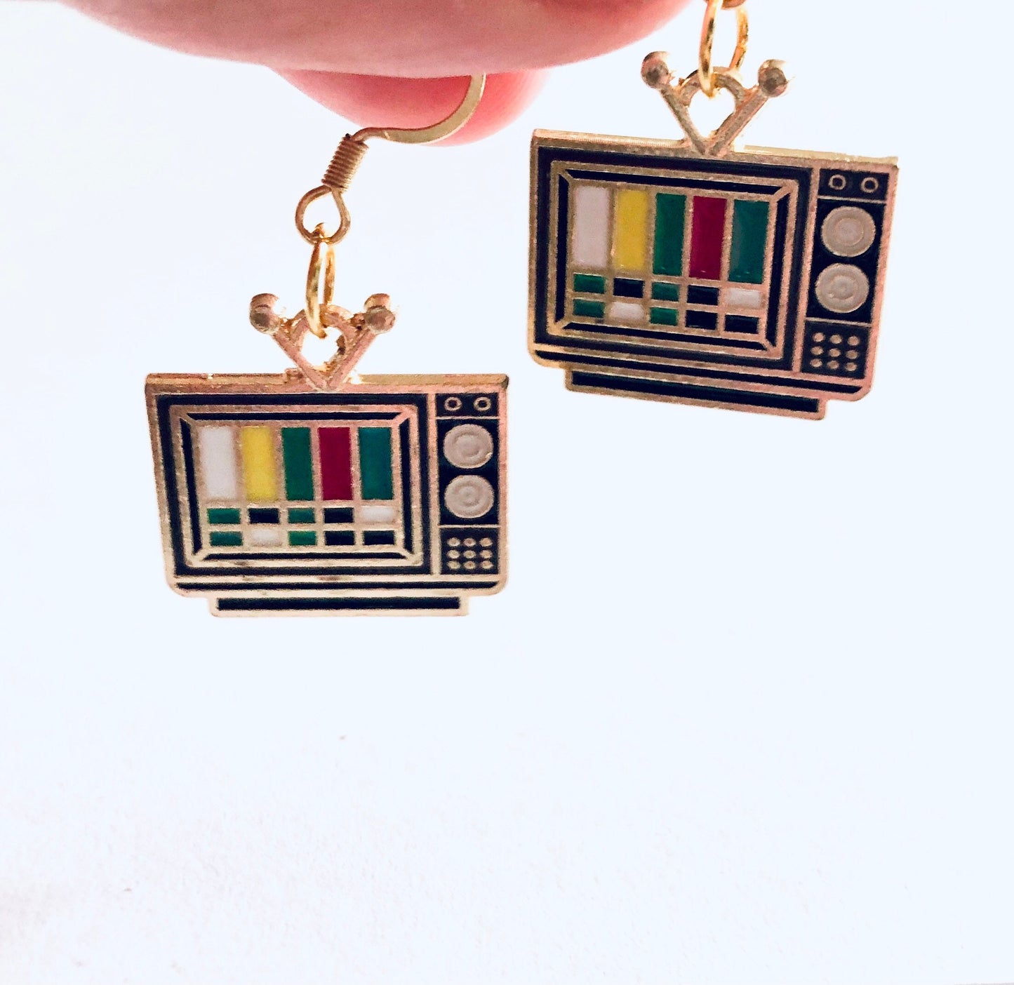 Nostalgic Retro TV Earrings, Vintage Style Gold Television Earring, Drop Dangle Gold Plated Ear Hooks