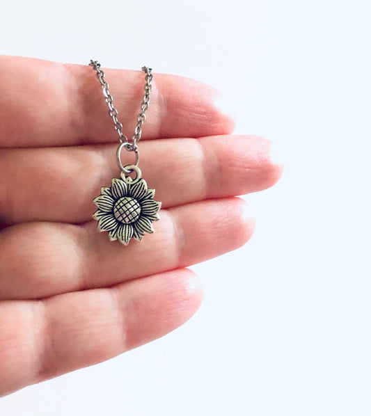 Silver Sunflower Necklace, Boho Floral Sun Flower Necklace, on Dainty Stainless Steel Chain, Cottage Core Aesthetic Fairy Core