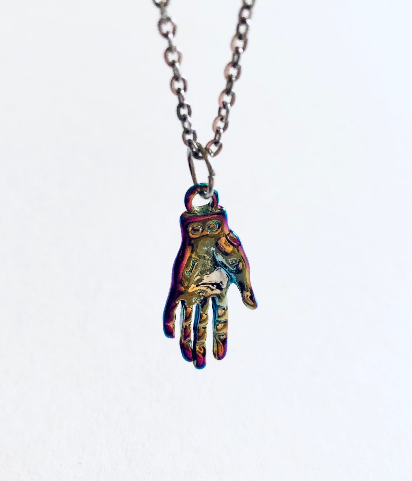 Rainbow Effect Palmistry Hand Necklace, on 18” Stainless Steel Chain, Metaphysical Divination Wicca Necklace