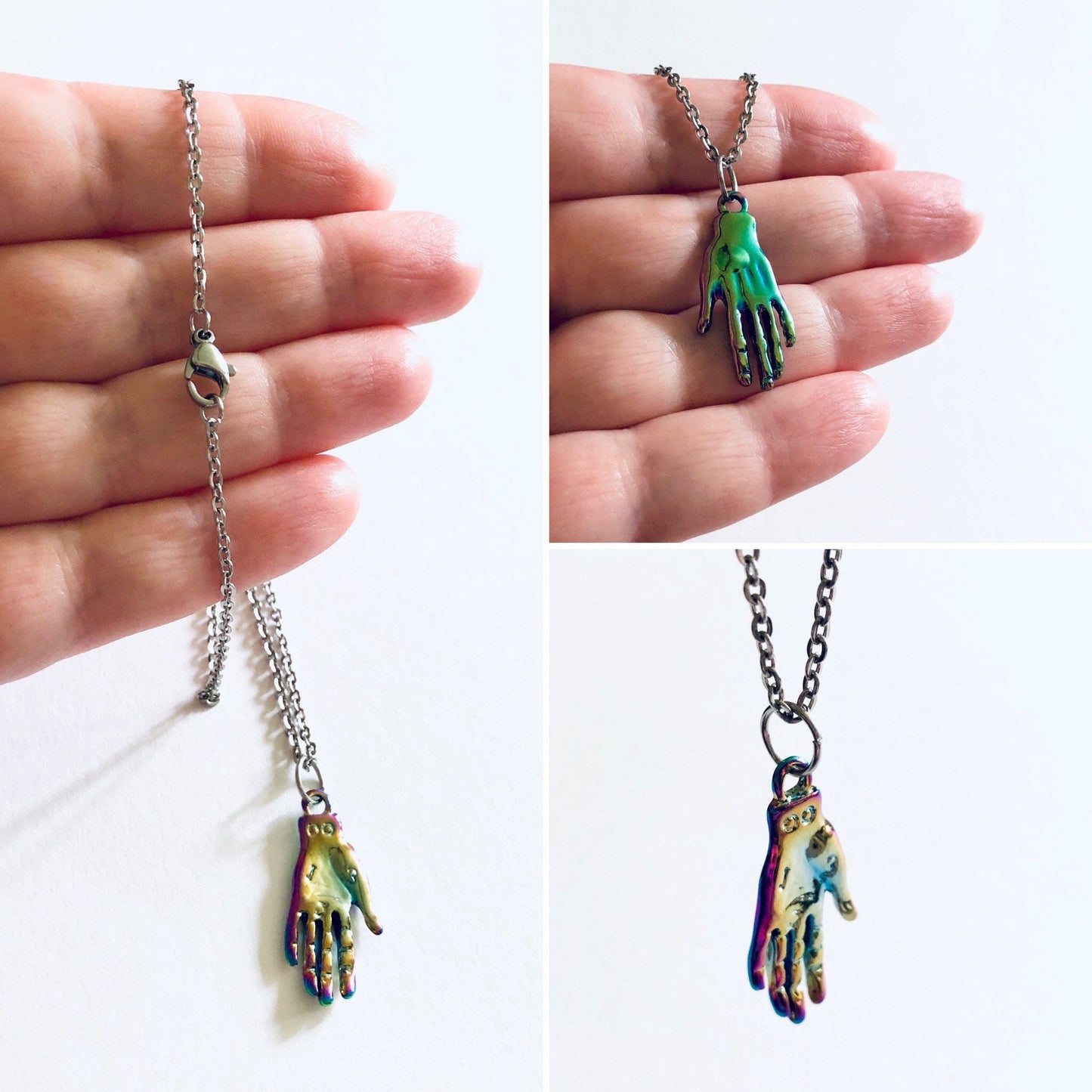 Rainbow Effect Palmistry Hand Necklace, on 18” Stainless Steel Chain, Metaphysical Divination Wicca Necklace