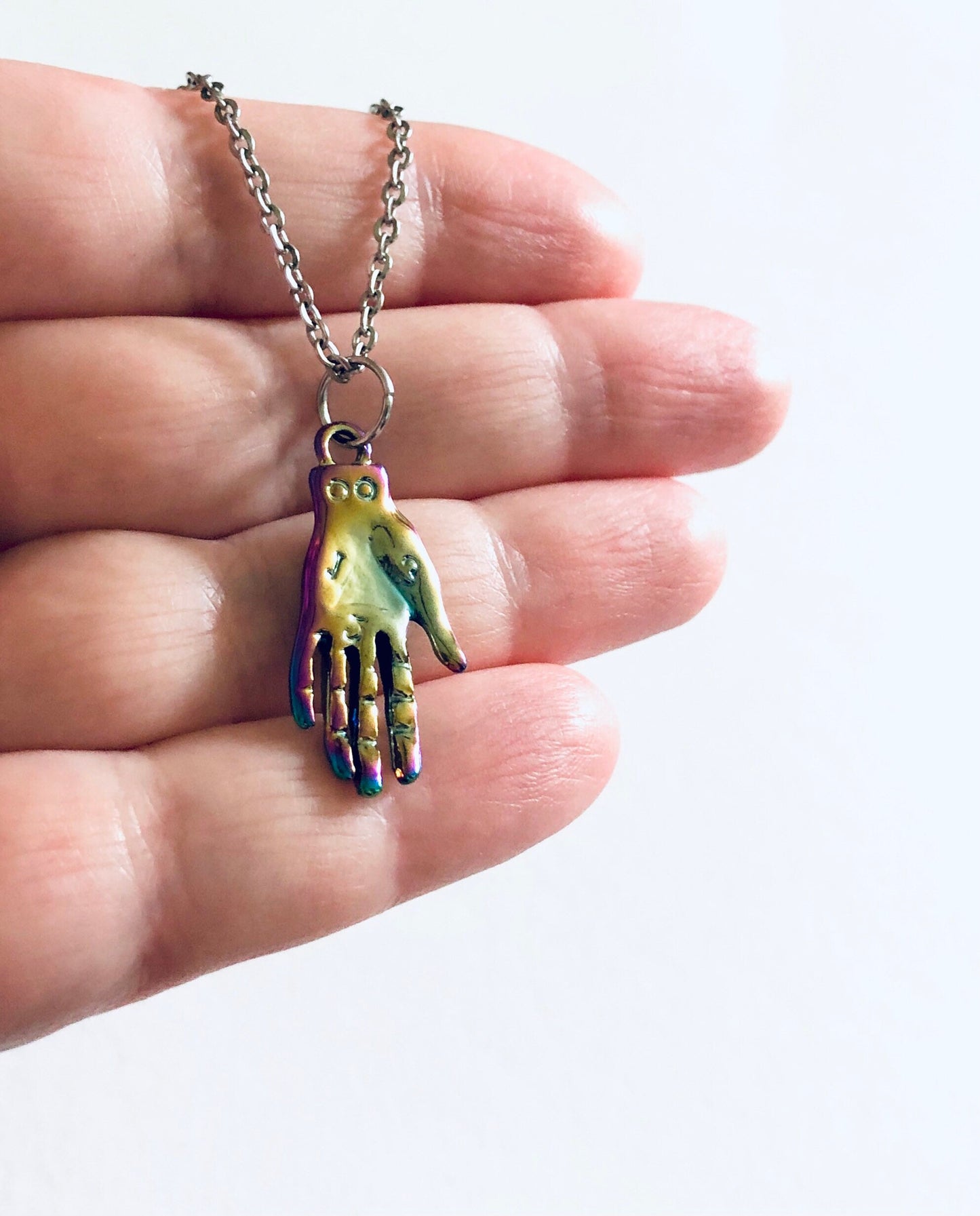 Rainbow Effect Palmistry Hand Necklace, on 18” Stainless Steel Chain, Metaphysical Divination Wicca Necklace