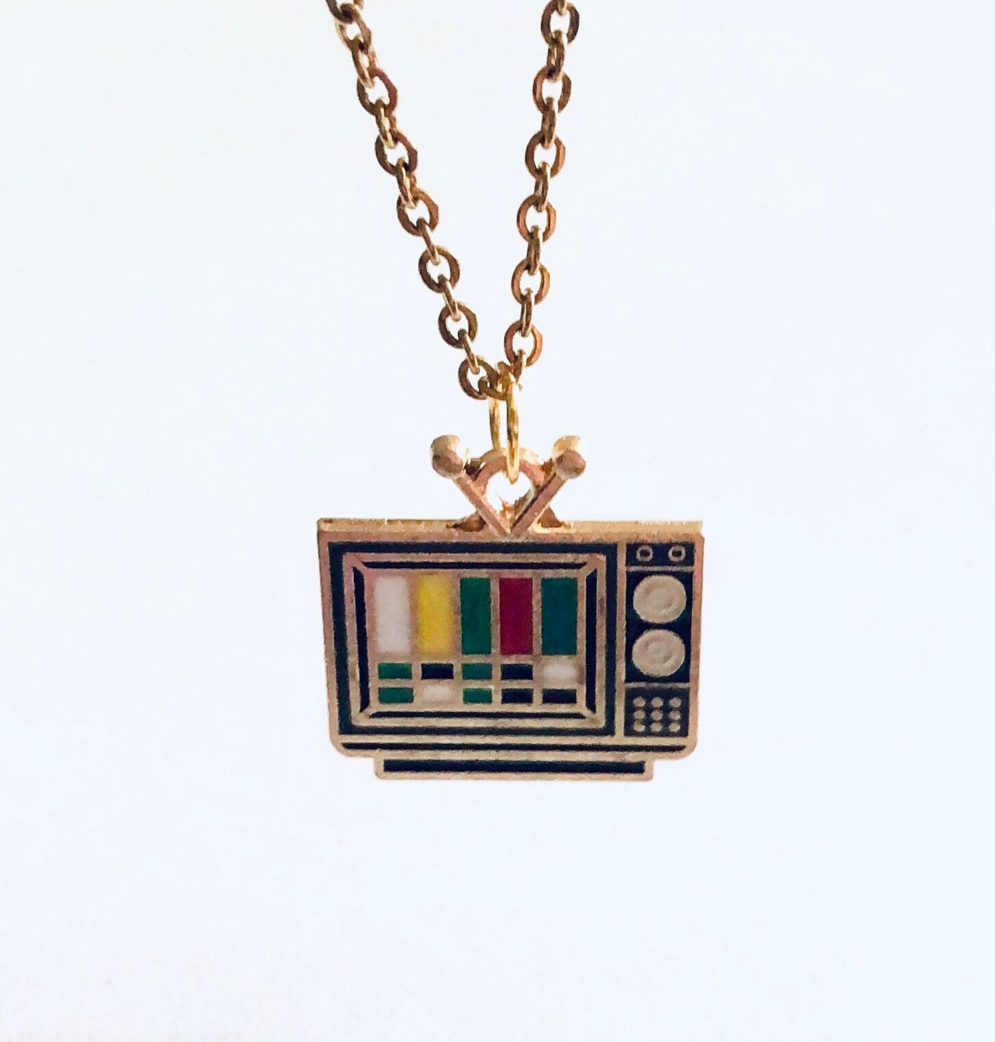 Retro TV Necklace, Old Fashioned Vintage Style Television Necklace, Gold Plated Chain