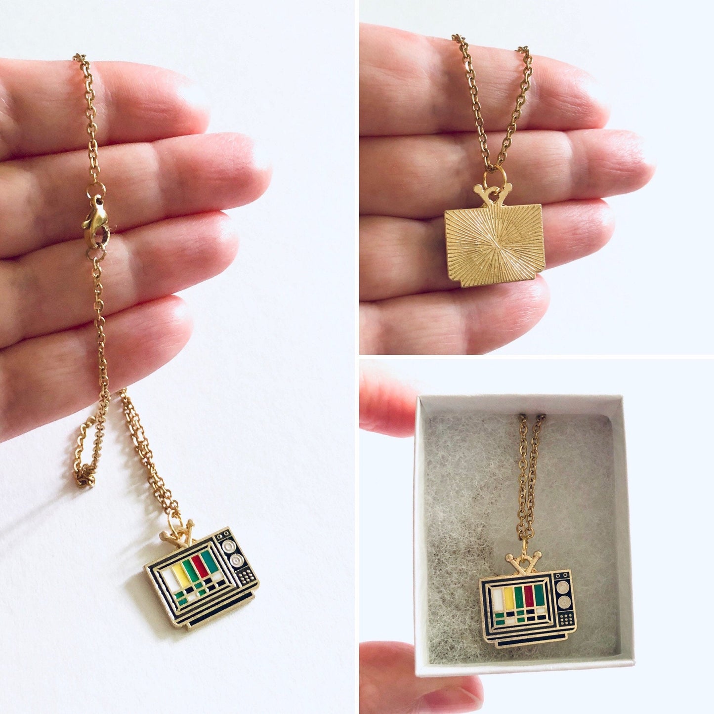 Retro TV Necklace, Old Fashioned Vintage Style Television Necklace, Gold Plated Chain