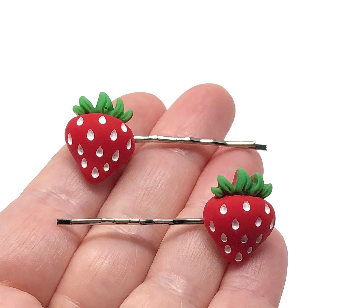 Strawberry Bobby Pins, Set of 2 Strawberry Hair Clips, Strawberries Hair Clips, Kawaii Hair Clips, Fruit Hair Clips, Vegan Vegetarian