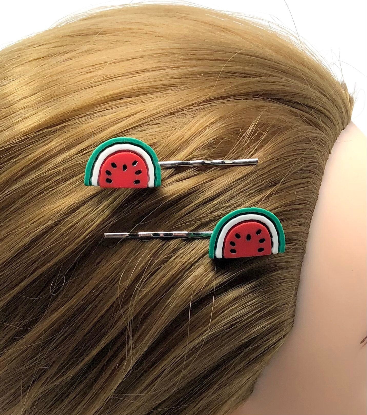 Watermelon Hair Clips Set of 2, Watermelon Bobby Pins, Fruit Hair Clips, Fruit Bobby Pins, Vegan Hair Clips, Kawaii Hair Clips