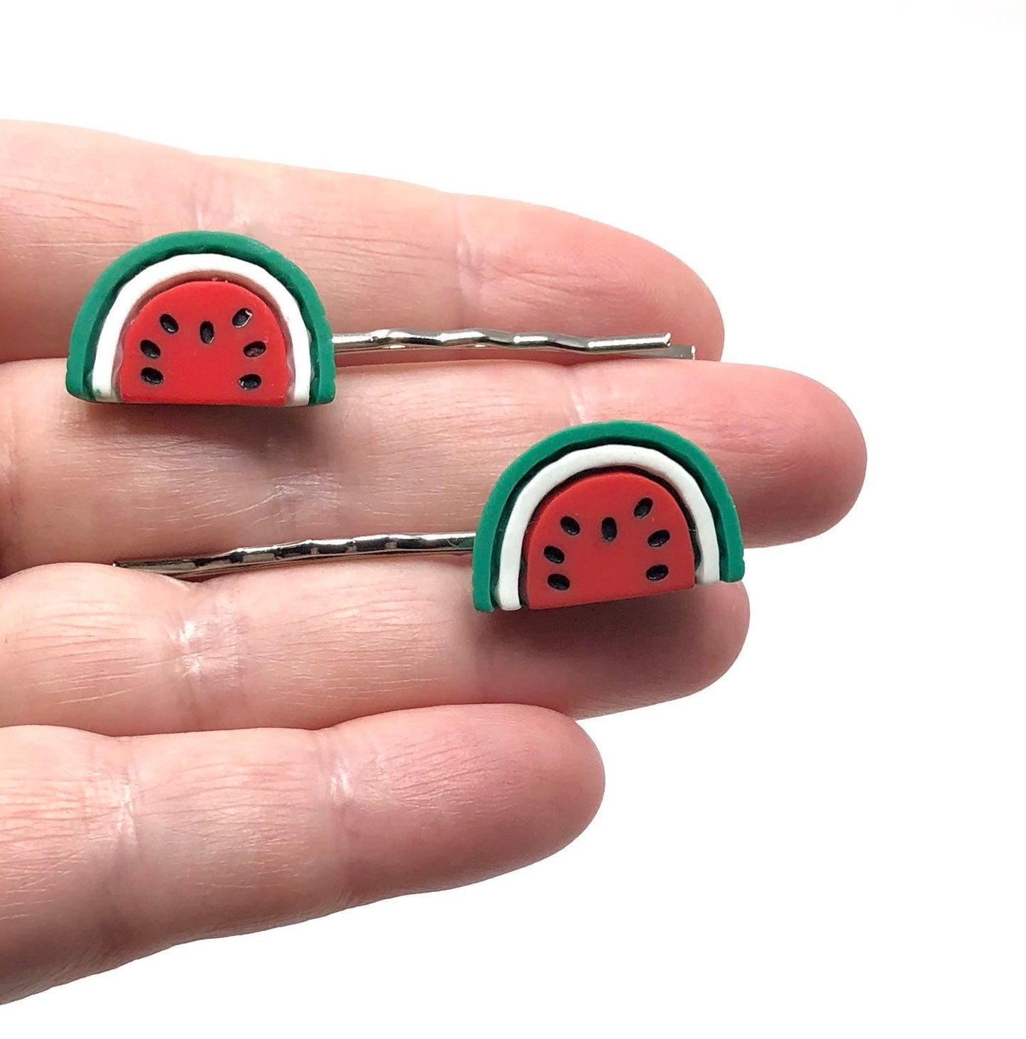 Watermelon Hair Clips Set of 2, Watermelon Bobby Pins, Fruit Hair Clips, Fruit Bobby Pins, Vegan Hair Clips, Kawaii Hair Clips