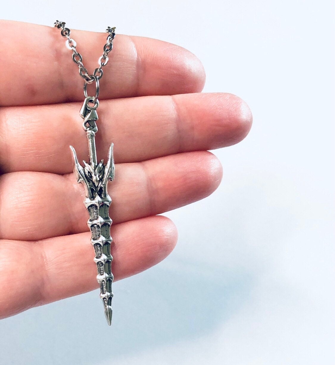 Silver Sword Necklace Unisex Stainless Steel Chain, Little Owl on Weapon, Medieval Nordic Norseman Viking Jewelry Occult Esoteric Ninja