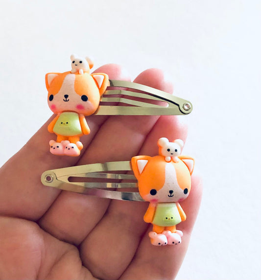 Kawaii Fox Hair Clips, Set of 2 Fox Snap Clips, Forest Woodlands Fox Hair Accessories