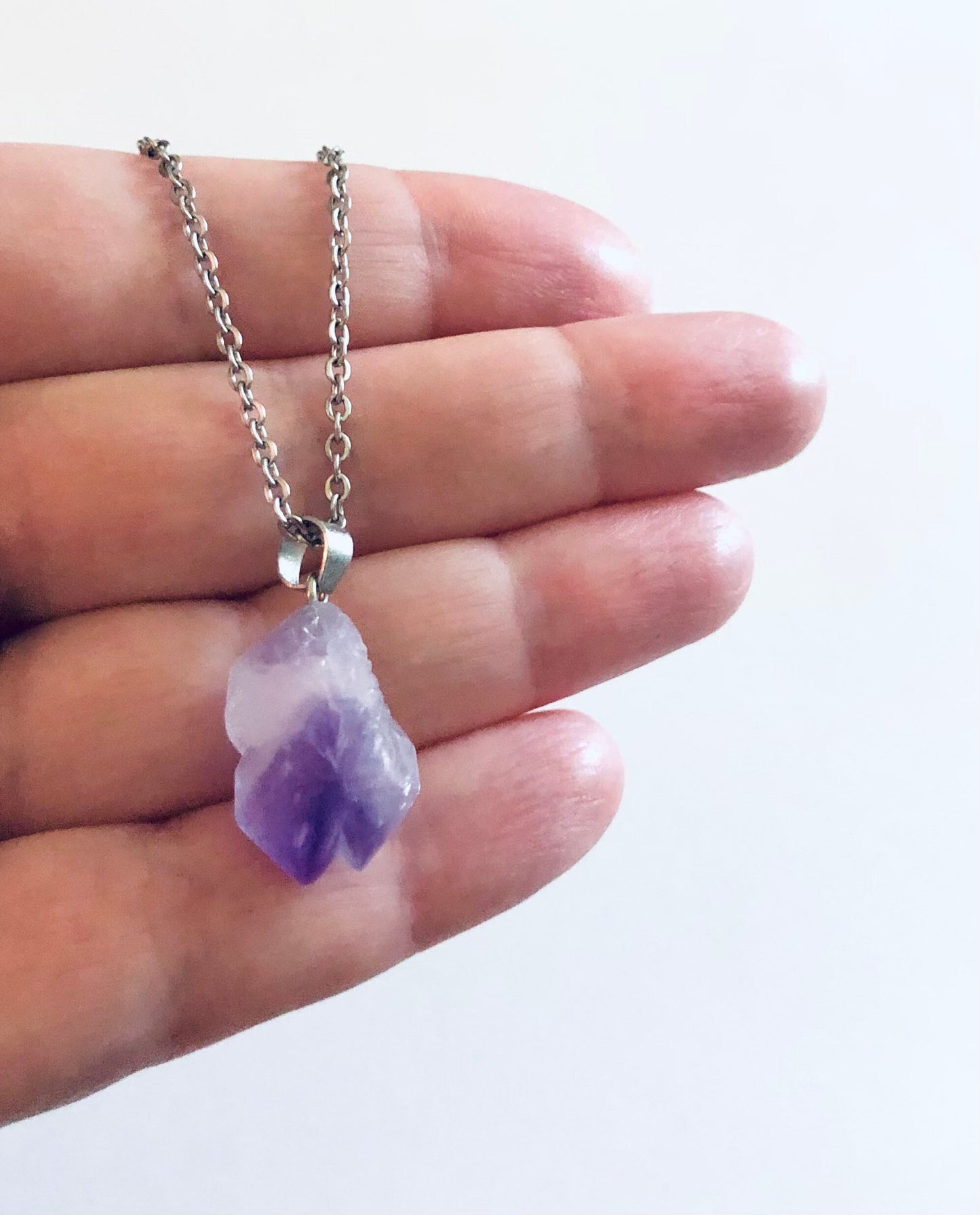 Amethyst Necklace, Real Raw Natural Crystal Necklace, Silver Chain. Hippie Boho Witchy Jewelry Bohemian Yoga Necklace