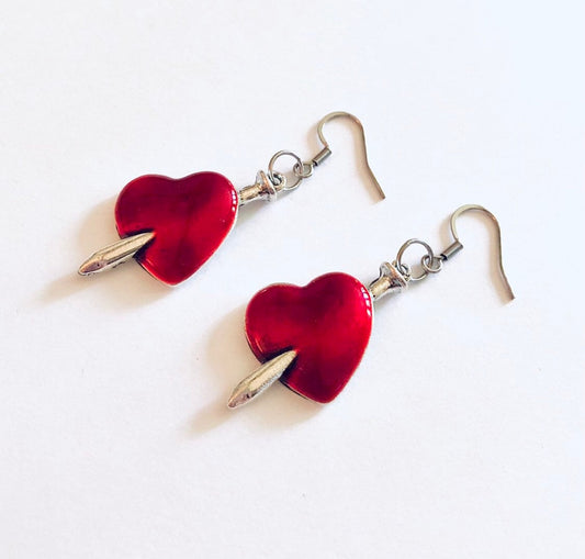 Red Sword Through a Heart Earrings, Gothic Earrings, Lovers Broken Heart Earrings, Mall Goth Earrings Punk