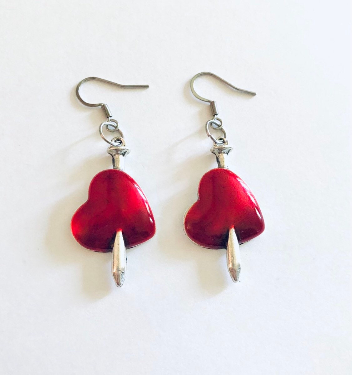 Red Sword Through a Heart Earrings, Gothic Earrings, Lovers Broken Heart Earrings, Mall Goth Earrings Punk